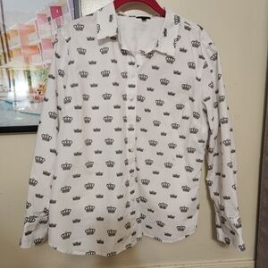 Talbots Petites White Crown Print Long Sleeve Cotton Button Up Collared Shirt LP